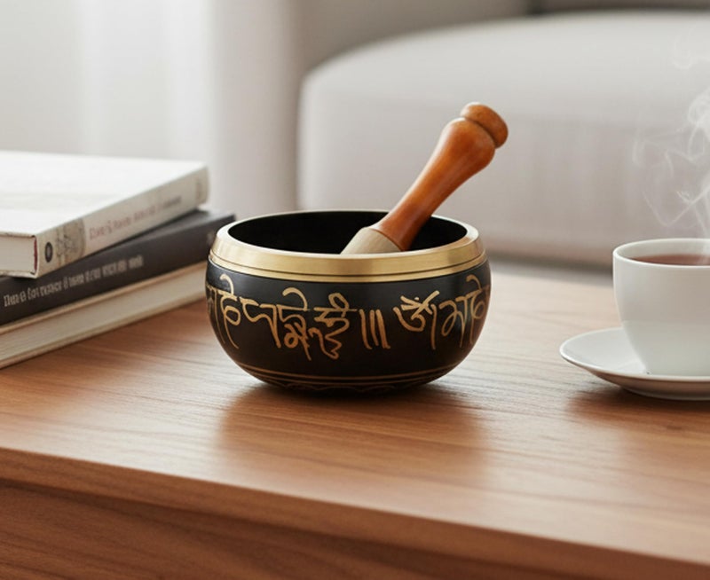 eSplanade - 6 inches - Singing Bowl Tibetan Buddhist Prayer Instrument With Striker Stick | OM Bell | OM Bowl | Meditation Bowl | Music Therapy (black) - Image 1